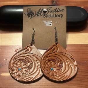 McIntire Saddlery Hand Tooled Leather Teardrop Floral Earrings Turquoise Accent